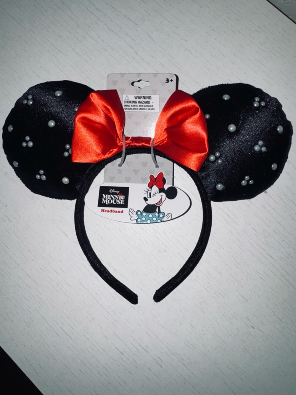 Disney Black Pearl Minnie Ear Headband with Red Satin Bow